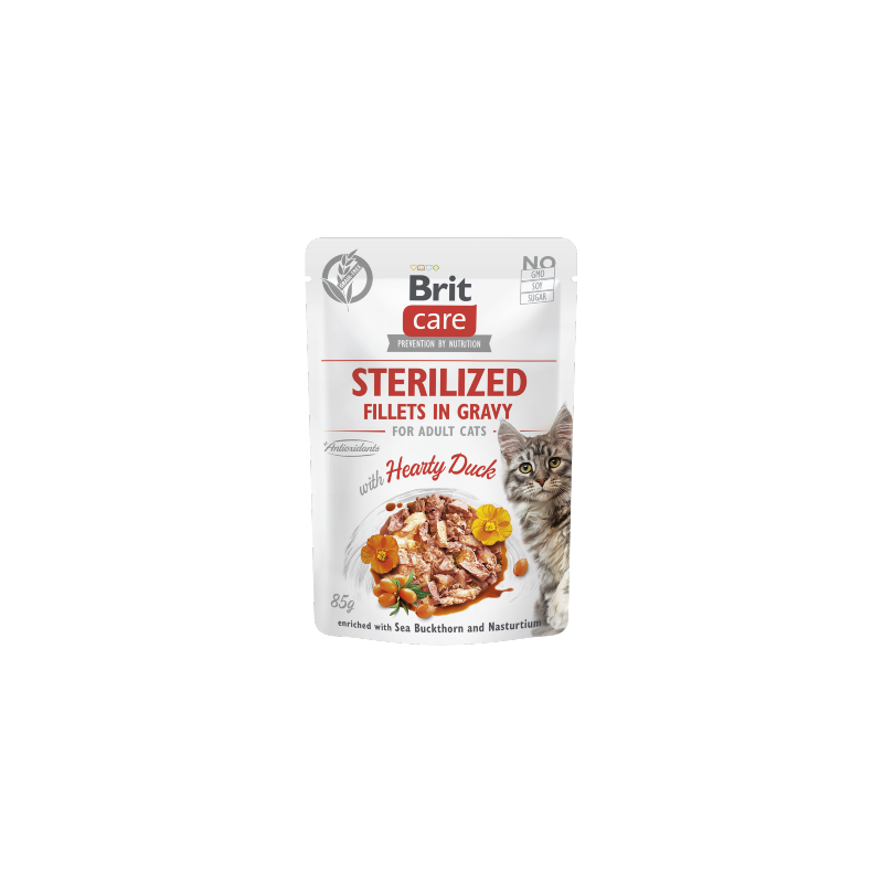 Alimento húmido para Gatos Brit Care Cat Sterilized Fillets in Gravy with Hearty Duck | Wet (Saqueta) | 12 x 85 g