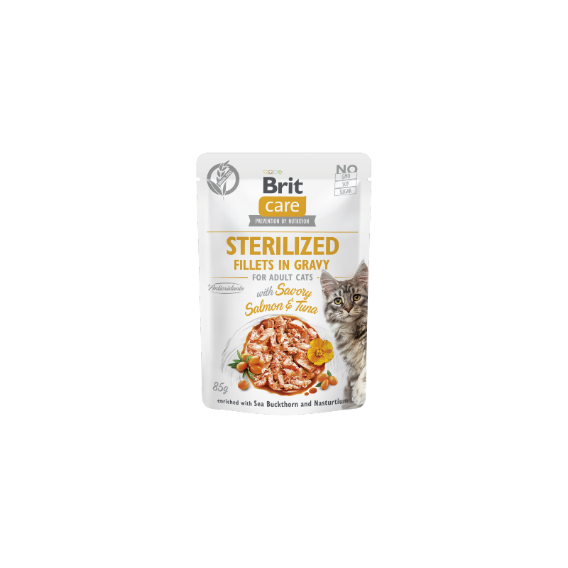 Alimento húmido para Gatos Brit Care Cat Sterilized Fillets in Gravy with Savory Salmon & Tuna | Wet (Saqueta) | 12 x 85 g