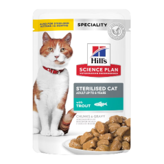 Hills Science Plan Adult Sterilised Cat Adult with Trout | Wet (Saqueta) Cx c/ 12 Saquetas 85g