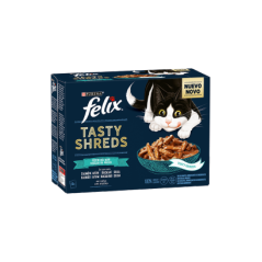 Felix Tasty Shreds Selecção de Peixes Salmão Atum Bacalhau e Solha| Wet (Saqueta) Cx c/ 12 saquetas 80 g