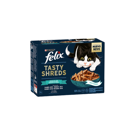 Felix Tasty Shreds Selecção de Peixes Salmão Atum Bacalhau e Solha| Wet (Saqueta) Cx c/ 12 saquetas 80 g