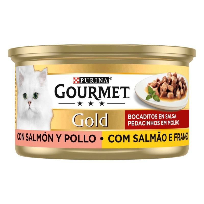 Gourmet Gold Pedacinhos em molho com Salmão & Frango | Wet (Lata) 24 X 85 g