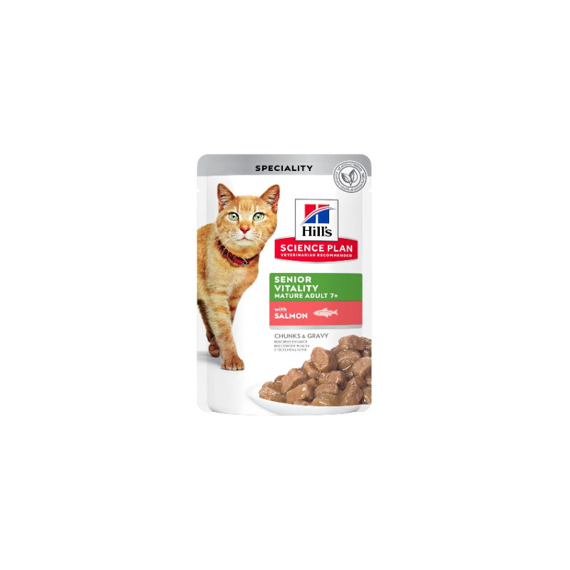 Alimento húmido para Gatos Hills Science Plan Cat Mature Adult 7+ Senior Vitality with Salmon | Wet (Saqueta) | Cx c/ 12 saquet