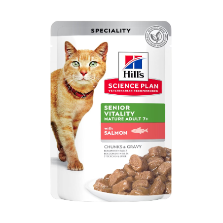 Alimento húmido para Gatos Hills Science Plan Cat Mature Adult 7+ Senior Vitality with Salmon | Wet (Saqueta) | Cx c/ 12 saquet