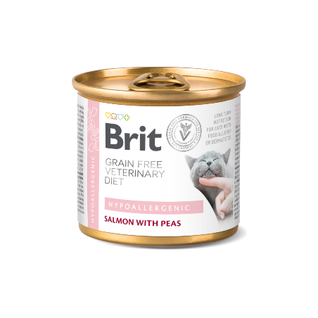 Alimento húmido Veterinário para Gatos Brit Veterinary Diet Cat Hypoallergenic Grain-Free Salmon with Pea| Wet (Lata) | 200 g